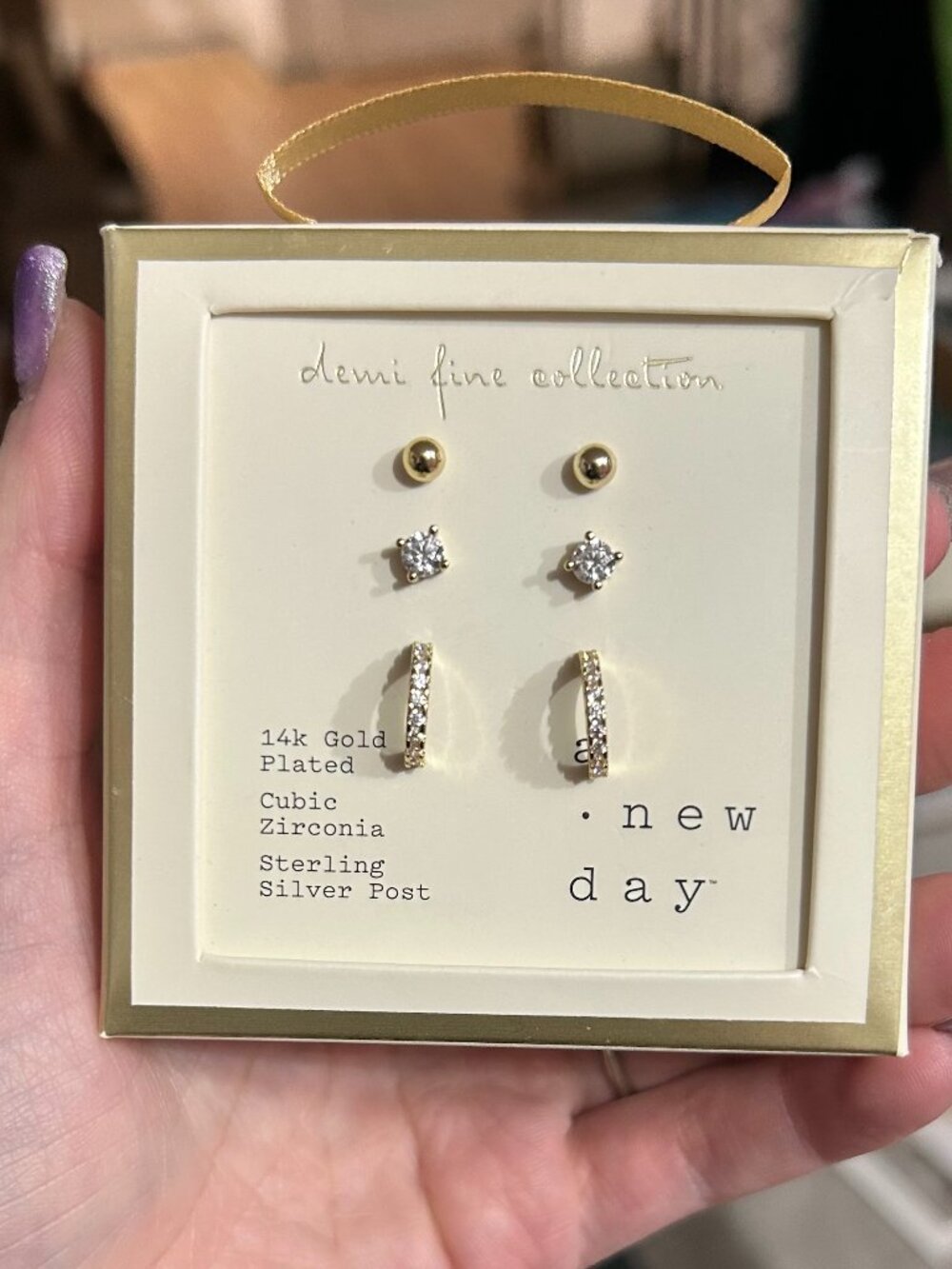 NIB A New Day 14K Gold Plated CZ & Ball Earring Trio Set 3 Pairs